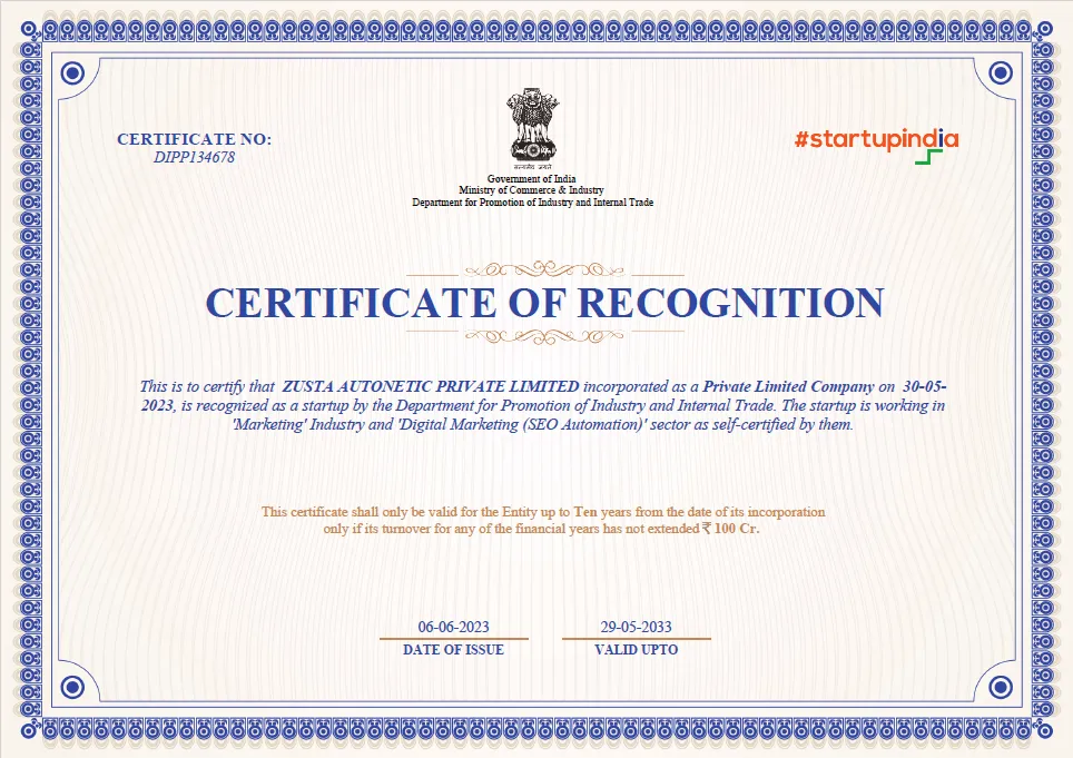DPIIT Startup Recognition Certificate - Zusta Digital Marketing